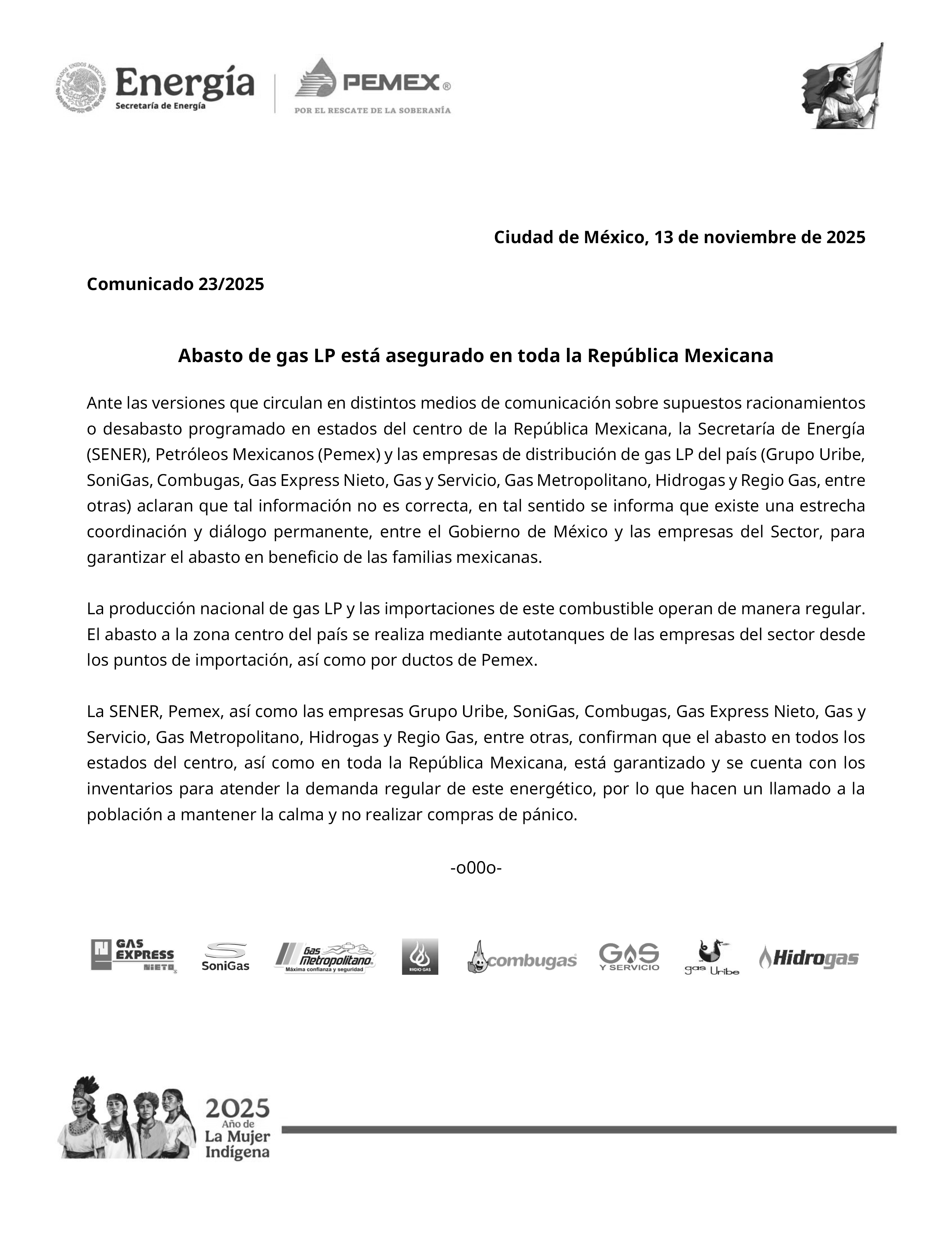 Comunicado 23/2025: el abasto de gas LP está asegurado en toda la República Mexicana